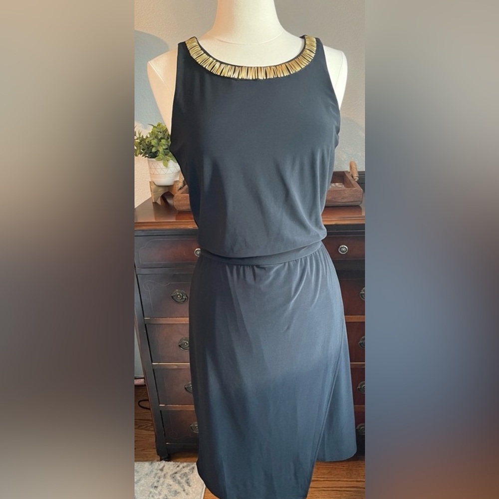 White House Black Market Black Dress with Gold Trim